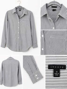Theory Gray White Striped Button Down Shirt Size M